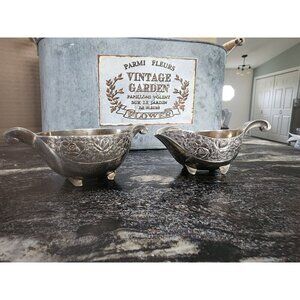 Silver Tone Metal Creamer Sugar Bowl Vintage Raised Floral Design 4 Footed Japan